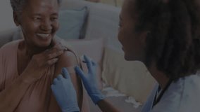Female nurse greeting patient cleaning arm injecting vaccine for health while DNA helix drifting. Healthcare, wellness, professionalism, medical, immunization, safety, science - Powered by Shutterstock - Get 15% off with code: PIKWIZARD15