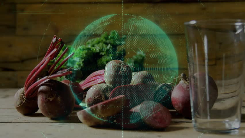 Green code drifting over beets and juice glass on counter rotating globe pulsing visualizing data. Horticultural, organic, digital, futuristic, health, freshness, rustic