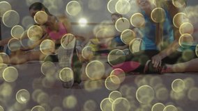 five women after instructor cue performing studio fitness stretching then torso twisting warming. Group exercise, flexibility, wellness, fitness class, physiotherapy, aerobic, calm - Powered by Shutterstock - Get 15% off with code: PIKWIZARD15