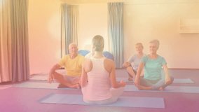 Instructor initiating yoga stretch on mats by raising arms, seniors matching movements for mobility. Wellness, geriatrics, physical activity, tranquility, mindfulness, health, harmony - Powered by Shutterstock - Get 15% off with code: PIKWIZARD15