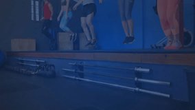 Group stepping onto platform starting animated timer guiding synchronized jump rope fitness routine. Fitness, workout, coordination, rhythm, athletic, training, aerobic - Powered by Shutterstock - Get 15% off with code: PIKWIZARD15