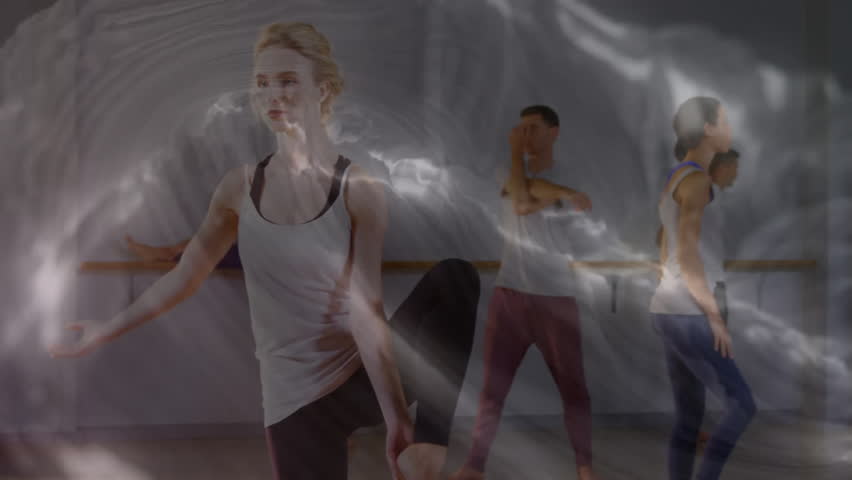 Lead dancer holding leg extension at barre while peers mirroring knee lifts under swirling overlay. Performance, artistic, fitness, motion, elegance, discipline, conditioning