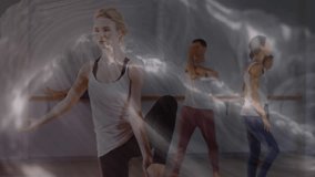 Lead dancer holding leg extension at barre while peers mirroring knee lifts under swirling overlay. Performance, artistic, fitness, motion, elegance, discipline, conditioning - Powered by Shutterstock - Get 15% off with code: PIKWIZARD15