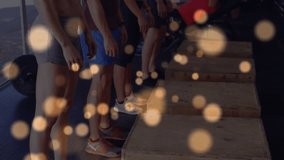 Six fitness participants doing synchronized box jumps on cue for fitness with wooden boxes. Exercise, teamwork, strength, agility, dynamic, infrastructure, motivation - Powered by Shutterstock - Get 15% off with code: PIKWIZARD15