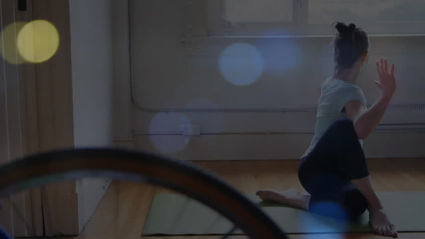 Woman unrolling mat initiating animated arrows highlighting rotation during yoga lunge and twist. Wellness, flexibility, mindfulness, exercise, serenity, balance, posture