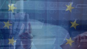 Animation of data processing and flag of eu over caucasian businessman talking on phone. Global business, finances and digital interface concept digitally generated video. - Powered by Shutterstock - Get 15% off with code: PIKWIZARD15