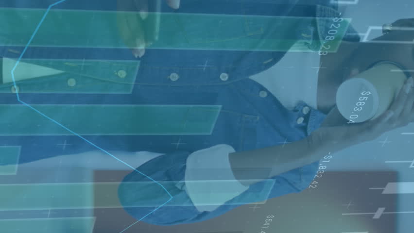 Animation of data processsing over african american woman drinking coffee using smartphone at office. Computer interface and business data technology concept - Powered by Shutterstock - Get 15% off with code: PIKWIZARD15