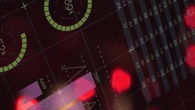 Pie charts and financial graphs animation over blurred red lights background. Finance, financials, analytics, data, economy, statistics - Powered by Shutterstock - Get 15% off with code: PIKWIZARD15