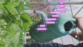 Watering plants in greenhouse, financial data and stock market animation over scene. Agriculture, farming, data analysis, technology, investment - Powered by Shutterstock - Get 15% off with code: PIKWIZARD15