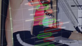 Exercising on Pilates machines, people with financial data animation overlay. Fitness, wellness, workout, exercise, finance, analytics - Powered by Shutterstock - Get 15% off with code: PIKWIZARD15