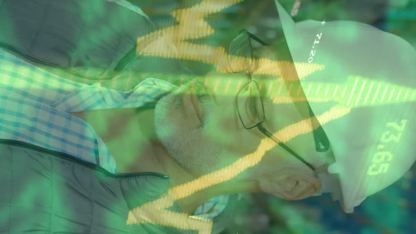 In warehouse, man smiling with stock market animation overlay on screen. Economy, finance, investment, technology, digital, business - Powered by Shutterstock - Get 15% off with code: PIKWIZARD15