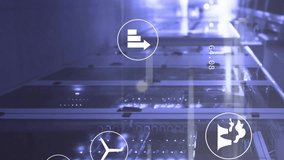Data processing animation over server room with environmental icons and statistics. Technology, cloud computing, network, innovation, analysis, sustainability - Powered by Shutterstock - Get 15% off with code: PIKWIZARD15