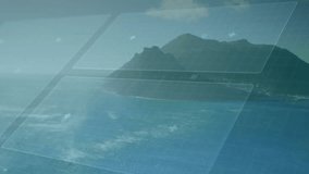 Ocean and island opening UI overlays animating gauge panels data and piechart completing display. Futuristic, technology, marine, data visualization, interface, digital, minimalist - Powered by Shutterstock - Get 15% off with code: PIKWIZARD15