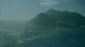 Timeline starting code streams fading in over rocky island for data visualization then fading out. Aerial view, digital overlay, data visualization, futuristic, minimalism, oceanic, technology - Powered by Shutterstock - Get 15% off with code: PIKWIZARD15