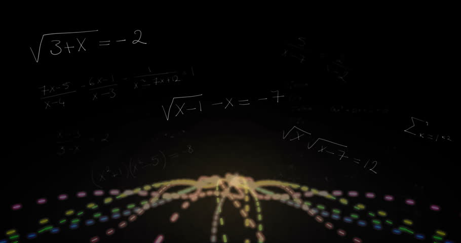Multi-colored dots clustering and streaming in arcs while formulas drifting illustrating math flow. Bioluminescent, dynamic, abstract, futuristic, data visualization, vibrant, conceptual