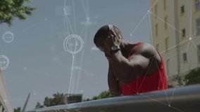 At railing, man putting on wireless headset for tech demo while network graphics syncing around him. Urban, fitness, technology, digital, active, modern, skyline - Powered by Shutterstock - Get 15% off with code: PIKWIZARD15