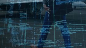 Digital grid overlay revealing businessman walking past private jet approaching destination. Futuristic, corporate, technology, mobility, elegance, professionalism, urban - Powered by Shutterstock - Get 15% off with code: PIKWIZARD15