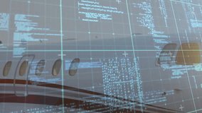 Opening jet fuselage translucent grid fading code flowing amber glow highlighting cockpit window. Aviation, technology, cybersecurity, futuristic, corporate, digital, innovation - Powered by Shutterstock - Get 15% off with code: PIKWIZARD15