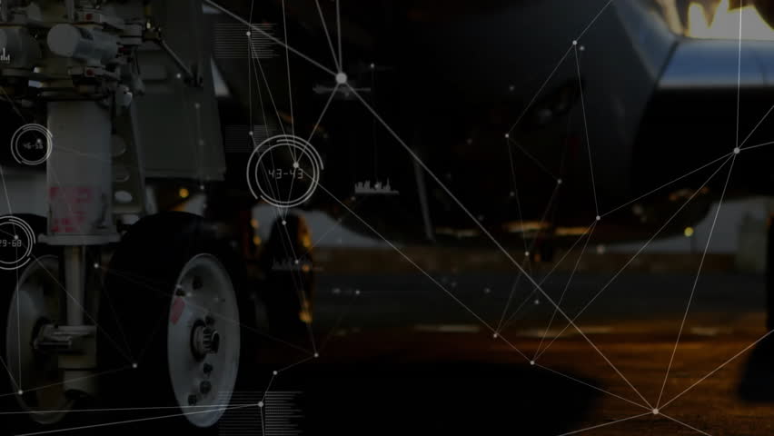 Digital network overlay intensifying over landing gear while camera shifting toward engine intake. Aerospace, technology, innovation, engineering, digital, futuristic, transportation