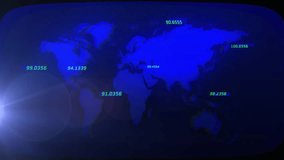 numeric labels appearing initiating world map animation sending cyan arcs mapping global data flow. Technology, data, connectivity, visualization, networks, digital, analytics - Powered by Shutterstock - Get 15% off with code: PIKWIZARD15