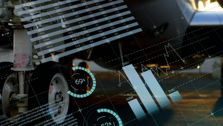 Upon startup camera panning over landing gear, HUD overlays sliding, pulsing and animating metrics. Aerospace, analytics, data visualization, aviation, technology, engineering, instrumentation