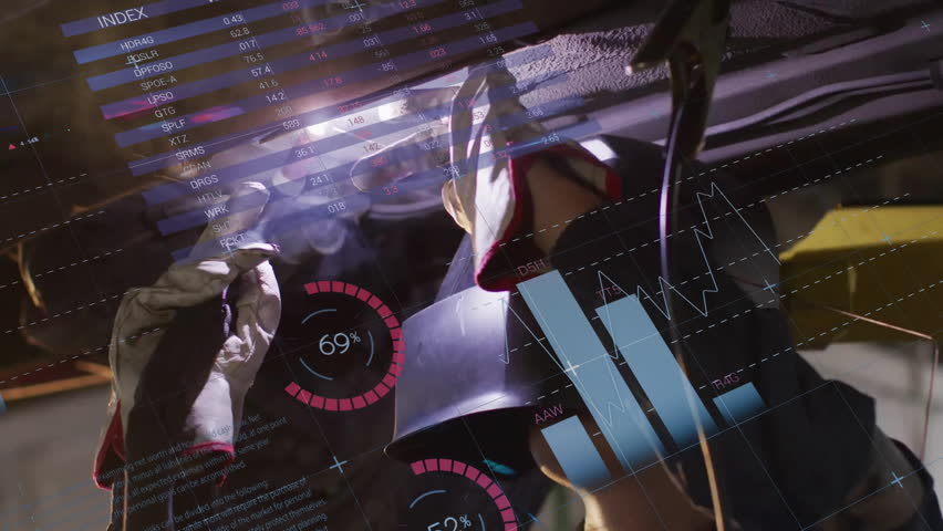 Female welder striking arc under chassis sending sparks and displaying manufacturing data overlays. Industrial, craftsmanship, technology, engineering, precision, innovation, productivity - Powered by Shutterstock - Get 15% off with code: PIKWIZARD15