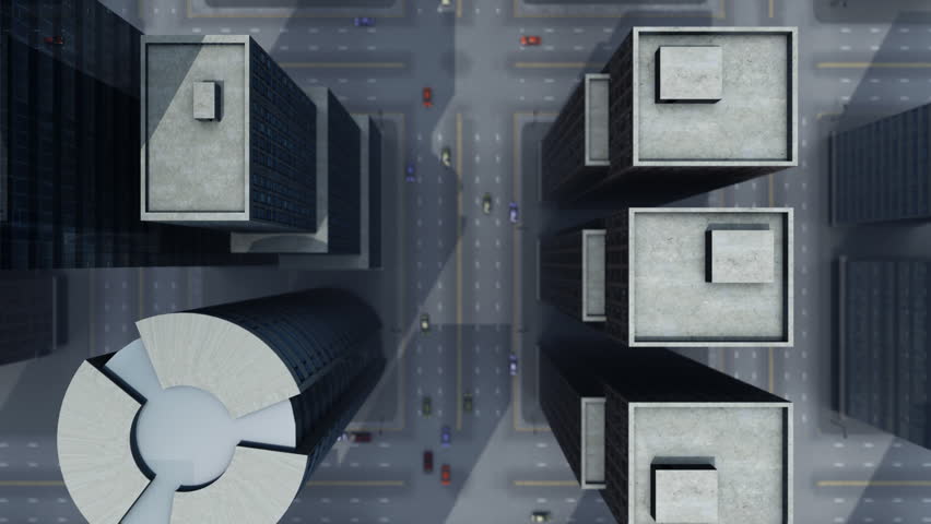 Animation of a city with skyscrapers and traffic aerial view fly through