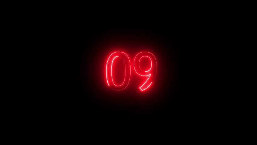  Neon glowing countdown number 09 animation. Neon text 09 number icon background 09 percent discount animated. Neon countdown 09