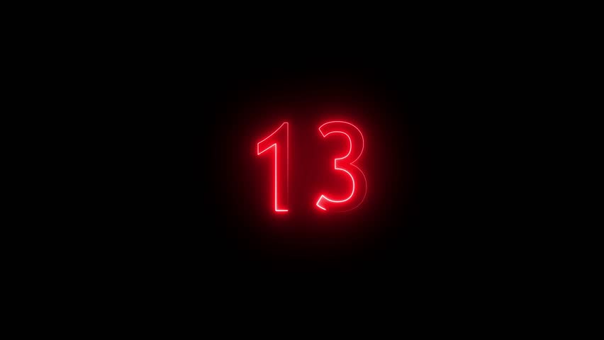 Neon glowing countdown number 13 animation. Neon text 13 number icon background 13 percent discount animated. Neon countdown 13	
