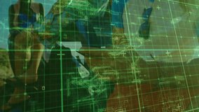 Translucent grid overlay appearing and revealing three hikers using phone map for travel navigation. Adventure, exploration, teamwork, outdoor, landscape, technology, thrill - Powered by Shutterstock - Get 15% off with code: PIKWIZARD15