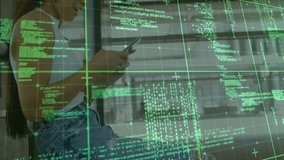 Woman unlocking smartphone in tech hub, tapping app with green code overlay sliding reviewing data. Futuristic, digital, innovation, sleek, professional, cyber, interface - Powered by Shutterstock - Get 15% off with code: PIKWIZARD15