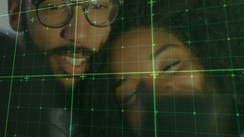 Couple entering biometric scanner and aligning faces under green grid overlay mapping features. Intimacy, affection, digital, connection, technology, modern, harmony - Powered by Shutterstock - Get 15% off with code: PIKWIZARD15