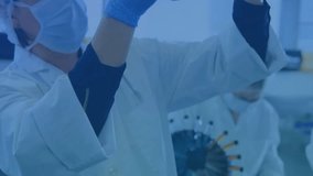 Medical scientist picking up test tube causing data bars rotating comparing color to virus model. Biotechnology, innovation, futuristic, research, science, visualization, precision - Powered by Shutterstock - Get 15% off with code: PIKWIZARD15