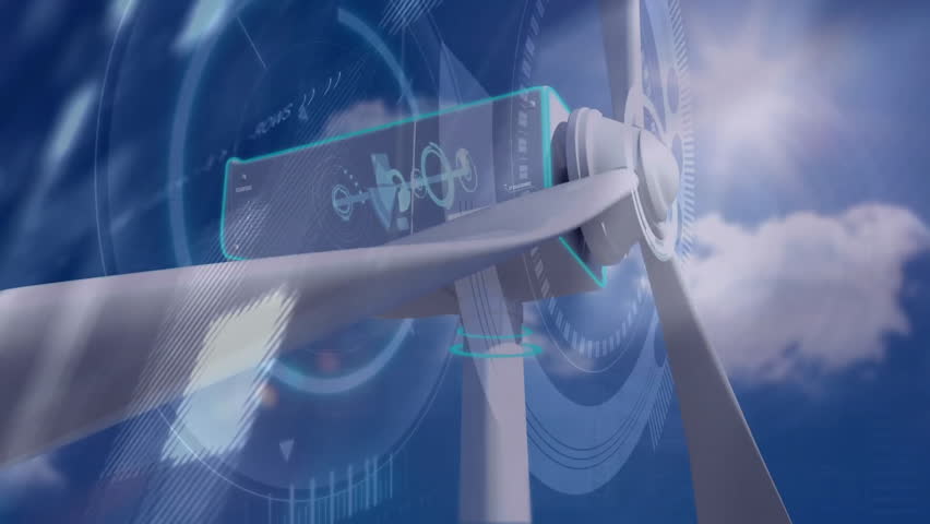 Stationary wind turbine initiating digital overlay, rotating blades visualizing rising power output. Renewable, technology, innovation, sustainability, machinery, engineering, high-tech - Powered by Shutterstock - Get 15% off with code: PIKWIZARD15