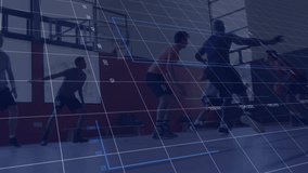 Orange-jersey guard dribbling and activating transparent analytics overlay analyzing shot accuracy. Athletics, teamwork, data visualization, sports analytics, competitive, fitness, instructional - Powered by Shutterstock - Get 15% off with code: PIKWIZARD15