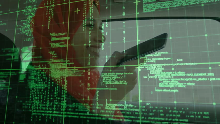 Woman passenger raising smartphone and speaking while green code overlay visualizing security data. Technology, connectivity, digital, innovation, mobile, communication, data - Powered by Shutterstock - Get 15% off with code: PIKWIZARD15