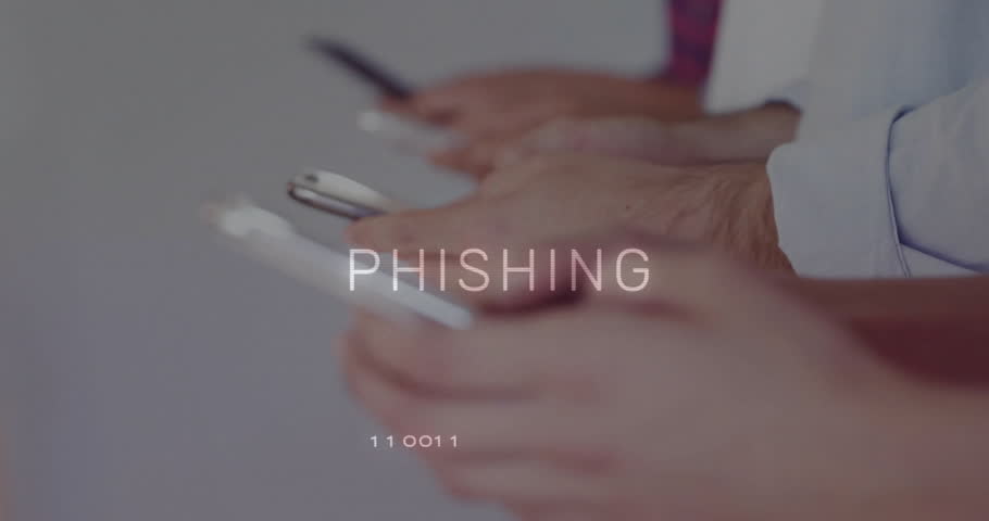 Text scrambling into PHISHING while hands holding phones animating overlays marking phishing attack. Cybersecurity, digital, technology, data, privacy, corporate, professional