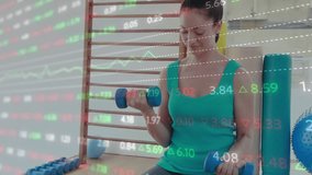 Woman performing double and alternating dumbbell curls following stock market overlay shifts. Fitness, strength, gym, workout, data, analytics, health - Powered by Shutterstock - Get 15% off with code: PIKWIZARD15
