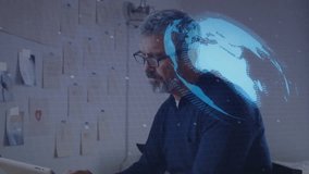 Man powering tablet and sketching data, visualizing rotating globe hologram and growing chart bars. Technology, innovation, analytics, futuristic, workspace, digital, development - Powered by Shutterstock - Get 15% off with code: PIKWIZARD15