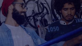 Coworkers rotating bike frame in tech repair shop, causing animated graphs and stats updating. Mechanics, collaboration, analysis, precision, innovation, workshop, data - Powered by Shutterstock - Get 15% off with code: PIKWIZARD15