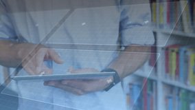 Man holding tablet tapping screen, expanding grid and ring into composite technology data interface. Innovation, futuristic, digital, interface, high-tech, neuroscience, data visualization - Powered by Shutterstock - Get 15% off with code: PIKWIZARD15