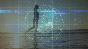 woman running into surf at sunrise and manipulating holographic data grid tech with kicking motion. Futuristic, technology, innovation, digital, interface, empowerment, fitness - Powered by Shutterstock - Get 15% off with code: PIKWIZARD15