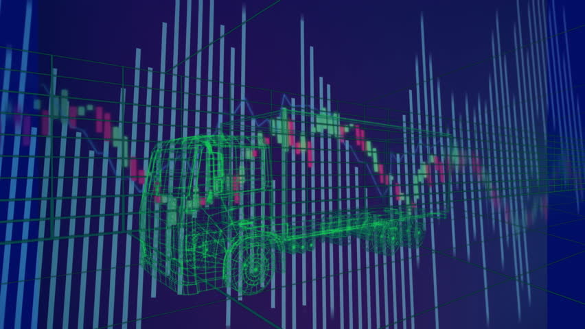 Candlestick line sweeping bars and driving green wireframe truck spinning visualizing market trends. Data visualization, analytics, digital, technological, futuristic, motion, abstract - Powered by Shutterstock - Get 15% off with code: PIKWIZARD15