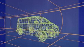 Wireframe minivan model appearing then white bars emerging and updating values for live analytics. Futuristic, technology, data visualization, digital, analytics, neon, 3d - Powered by Shutterstock - Get 15% off with code: PIKWIZARD15