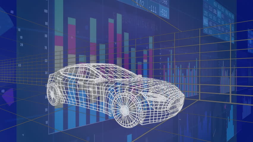 Animation suspending wireframe sedan, rising bars, rotating grid, visualizing data. Futuristic, digital, analytics, technology, immersive, dynamic, visualization - Powered by Shutterstock - Get 15% off with code: PIKWIZARD15