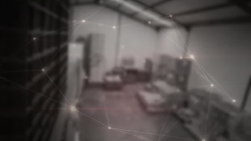 When scene starts, digital network overlay pulsing across warehouse to visualize connectivity. Industrial, technology, futuristic, data, infrastructure, connectivity, minimalistic - Powered by Shutterstock - Get 15% off with code: PIKWIZARD15