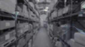 Polygonal nodes drifting into warehouse pulsing ring rotating globe overlay showing network. Technology, logistics, data, infrastructure, connectivity, innovation, industrial - Powered by Shutterstock - Get 15% off with code: PIKWIZARD15