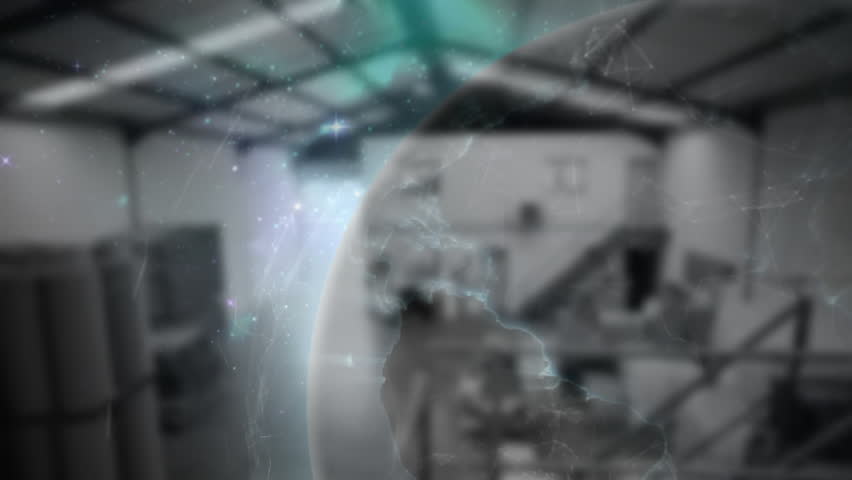 In blurred hall, cosmic particles drifting forming outline becoming rotating globe tracing network. Futuristic, technology, innovation, cyber, digital, network, abstract