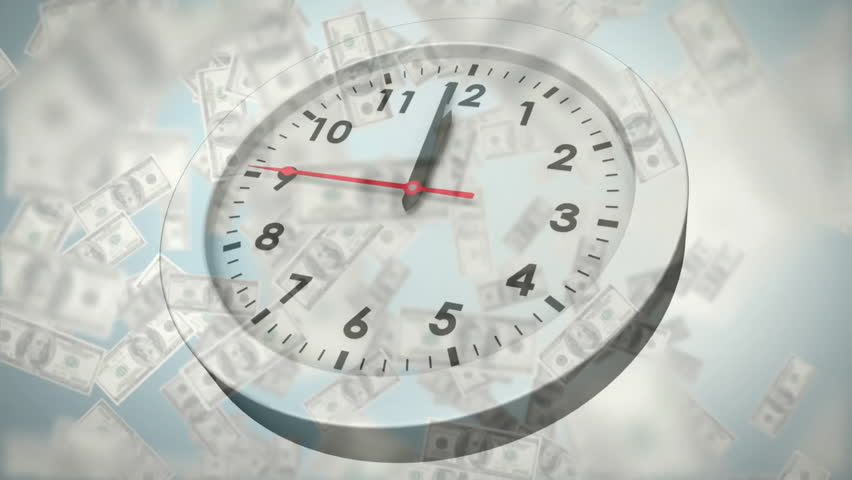 At first second red hand rotating on wall clock with bills swirling to illustrate time value. Finance, economy, currency, investment, wealth, motivation, progression