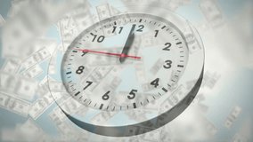 At first second red hand rotating on wall clock with bills swirling to illustrate time value. Finance, economy, currency, investment, wealth, motivation, progression - Powered by Shutterstock - Get 15% off with code: PIKWIZARD15